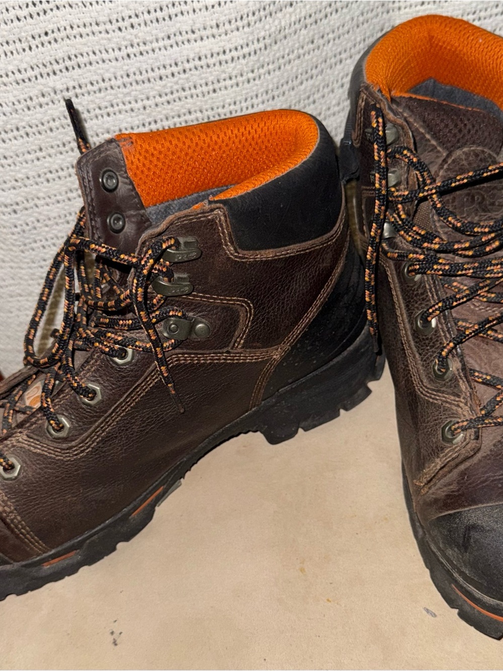 Timberland Brown Leather Work Boots with Orange Lining